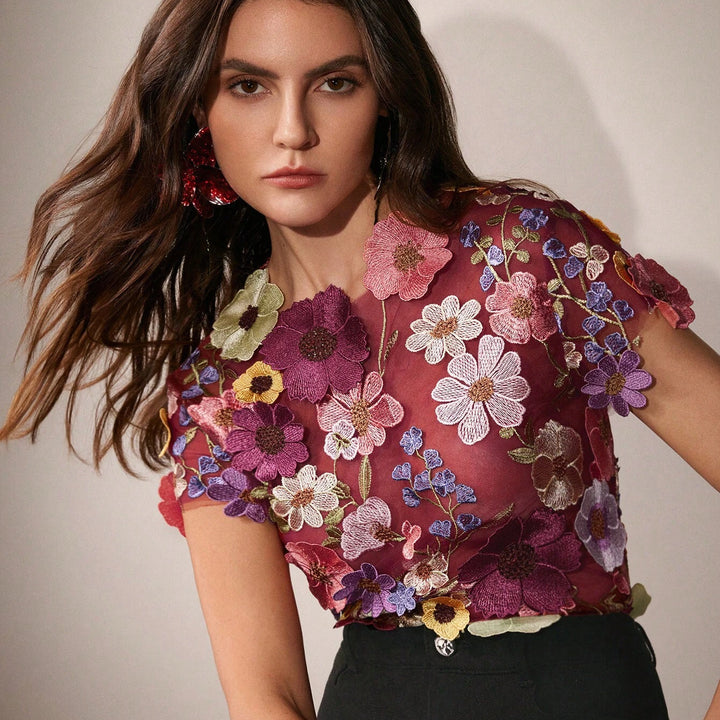 Anewsta Romantic 3D Floral Embroidery Applique Multi-Color Blouse