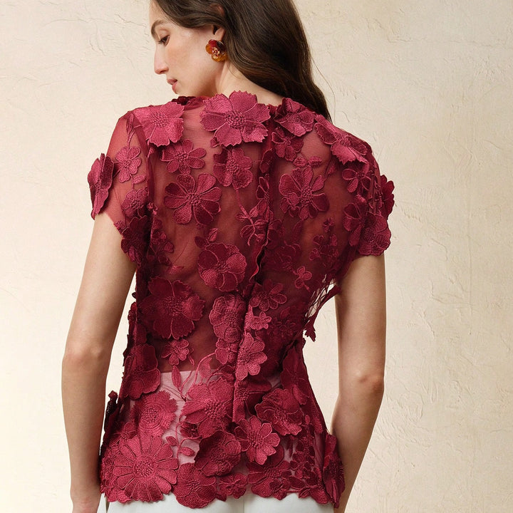 Anewsta Romantic 3D Floral Embroidery Applique Multi-Color Blouse