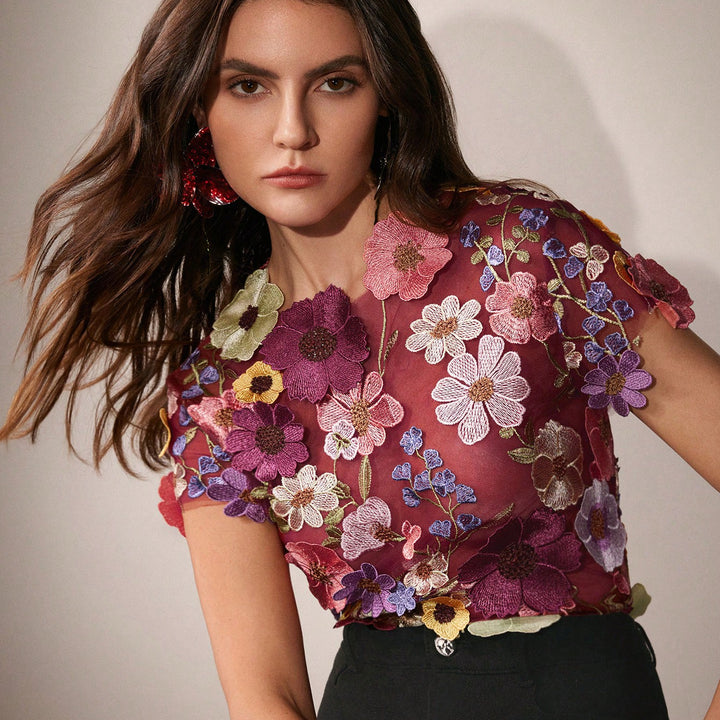 Anewsta Romantic 3D Floral Embroidery Applique Multi-Color Blouse