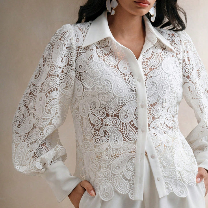 Anewsta French Hollow-Out Embroidery Lace Patchwork Long Sleeve Women Blouse for Holiday Party Clothes Women Shirt