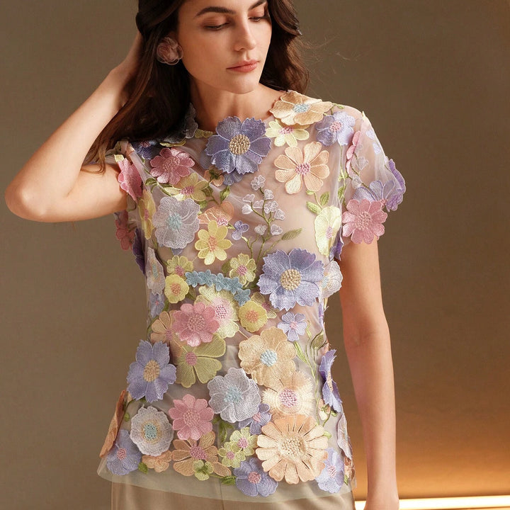 Anewsta Romantic 3D Floral Embroidery Applique Multi-Color Blouse