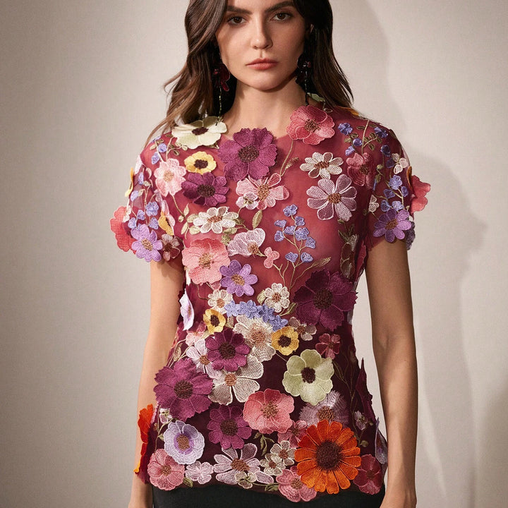 Anewsta Romantic 3D Floral Embroidery Applique Multi-Color Blouse