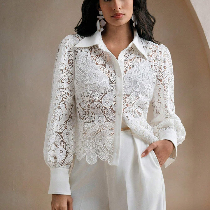 Anewsta French Hollow-Out Embroidery Lace Patchwork Long Sleeve Women Blouse for Holiday Party Clothes Women Shirt