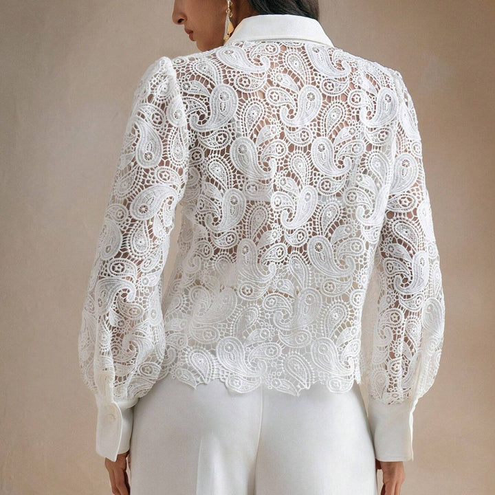 Anewsta French Hollow-Out Embroidery Lace Patchwork Long Sleeve Women Blouse for Holiday Party Clothes Women Shirt