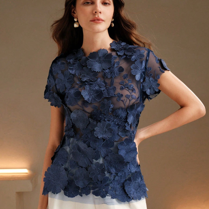 Anewsta Romantic 3D Floral Embroidery Applique Multi-Color Blouse