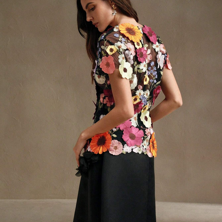 Anewsta Romantic 3D Floral Embroidery Applique Multi-Color Blouse