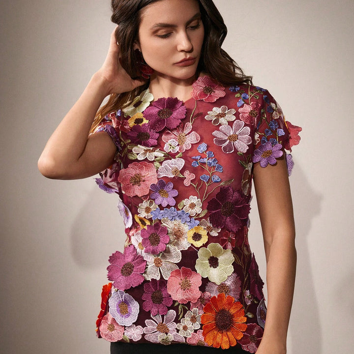 Anewsta Romantic 3D Floral Embroidery Applique Multi-Color Blouse