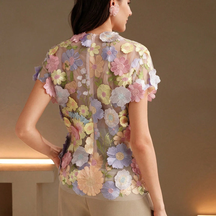 Anewsta Romantic 3D Floral Embroidery Applique Multi-Color Blouse