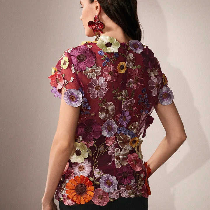 Anewsta Romantic 3D Floral Embroidery Applique Multi-Color Blouse