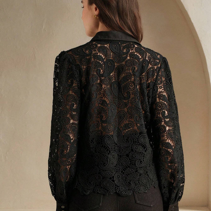 Anewsta French Hollow-Out Embroidery Lace Patchwork Long Sleeve Women Blouse for Holiday Party Clothes Women Shirt